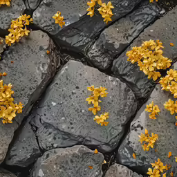 yellow flowers with grey stones surround them and a puddle of water