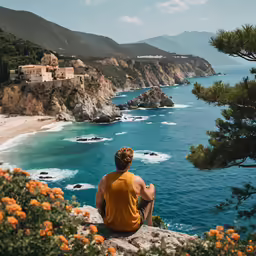 a man sitting on top of a rock next to the ocean