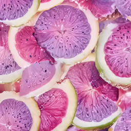 a purple and white bowl of sliced fruit