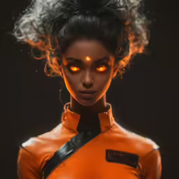 a digital photo of a woman with orange eyes