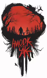 a man walking on a hill with trees and the blood of a giant animal