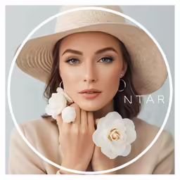 a woman with a hat and flower necklace