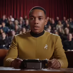 a man in a gold shirt looks surprised at a camera