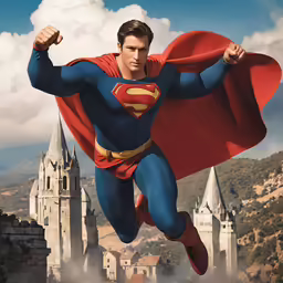 a man wearing a superman costume in front of a castle