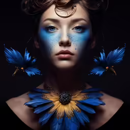 a woman with blue make up and bright makeup