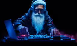 the man in the santa clause is typing on his computer