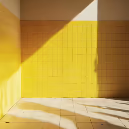 a yellow room with light streaming through it and a white door