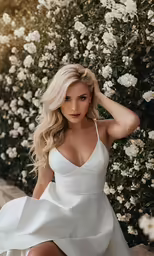a woman in a white dress sits next to a bush with flowers