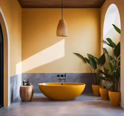 the yellow tub has some plants in it