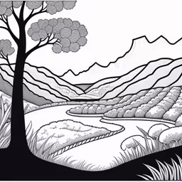 a painting of a landscape is featured in black and white,a drawing of trees and mountains with an empty field