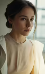 a young woman wearing a white shirt is looking at the camera