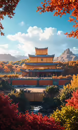 a landscape view of a beautiful chinese temple and trees
