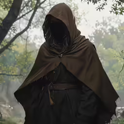 a person wearing a black cloak while walking through a forest