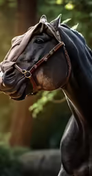 horse is standing with its head covered by a blanket