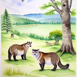 picture of two kangaroos and two birds in a field