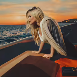 the blond woman is leaning over the boat