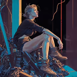 a woman sitting in the middle of a pile of shoes