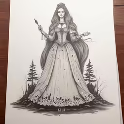 a drawing of a woman dressed in an ornate gown