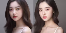 two images of an asian woman with long dark hair and no shirt, one has red lips,this is two different image of an asian woman