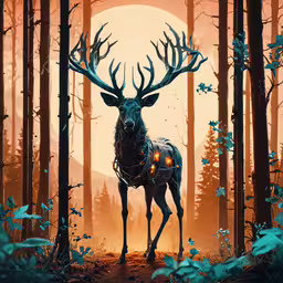 a deer in a forest with a full moon,a painting of a deer in the woods