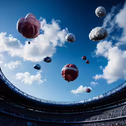 several large balloons fly in the sky