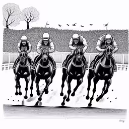 the horse riders are racing on the race track,a row of horses with jockeys sitting on their backs