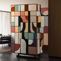 colorful geometric art piece displayed in a living room