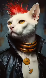 a close - up photo of a cat wearing a leather jacket and tie