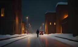 the person is walking down the street next to the car