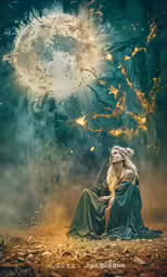 the painting shows a woman sitting in front of the full moon