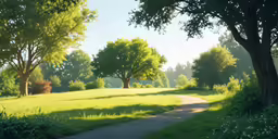 this is an image of a sunny landscape with trees and the sun shining
