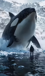 an orca jumping out of the water next to a man with one foot on it