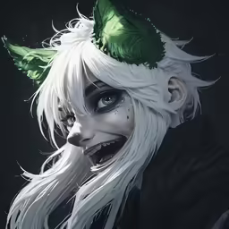 a white haired woman wearing green leaves on her hair