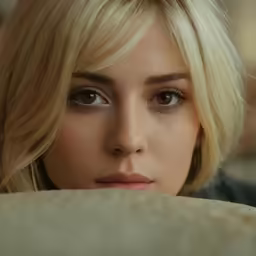 a woman has pale blonde hair and dark blue eyes