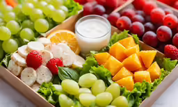 close up of fruit tray with grapes, raspberries, oranges and other foods