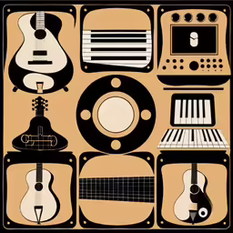 a drawing of musical instruments on a wooden table