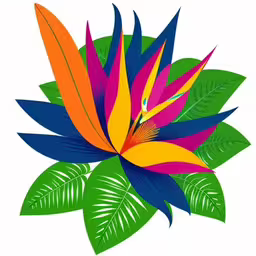 a drawing of a bird of paradise flower and leaves,a colorful flower with many different colored leaves