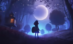 a young girl is standing alone on a path in the woods with the moon in the sky