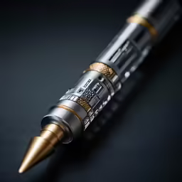 a metal and gold pen on a black surface