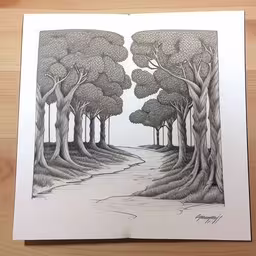 the drawing shows a road that is shaded by trees,a drawing of a road through the woods,this drawing depicts a dirt road lined with trees and grass,a drawing of an outside view of trees and stream,an illustration of trees in a forest