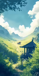 there is a building in the middle of a field with mountains behind