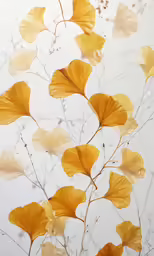 several yellow leaves that are reaching up into the air