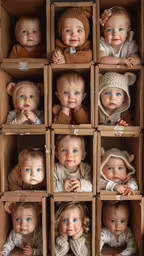 dolls are set in different little boxes,many babies inside a box on some wood