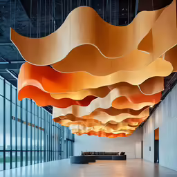 an illuminated lobby with long wooden sculptures and large windows