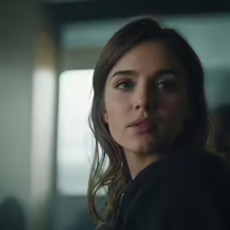 a woman staring in a dark room, looking into the distance