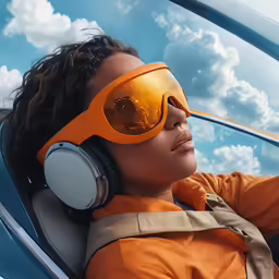 the girl is laying down with headphones on
