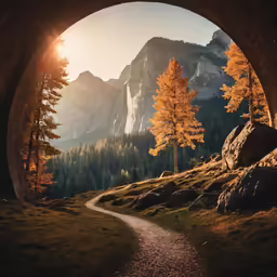 an outdoor trail under a bridge with trees lining the edges