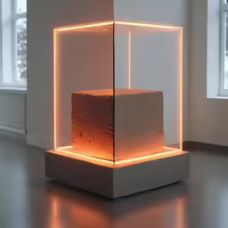 a lit display in front of a window