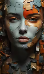 the face of a woman with lots of brown paint on it