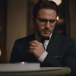 a man in glasses sitting down at a table